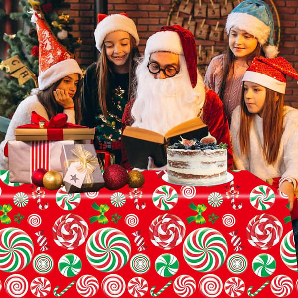 Christmas Tablecloth, 2 Pieces, 137 x 274 cm, Large Red Rectangular Tablecloth for Christmas, Candy, Lollipop, Christmas Dinner, Merry Christmas, for