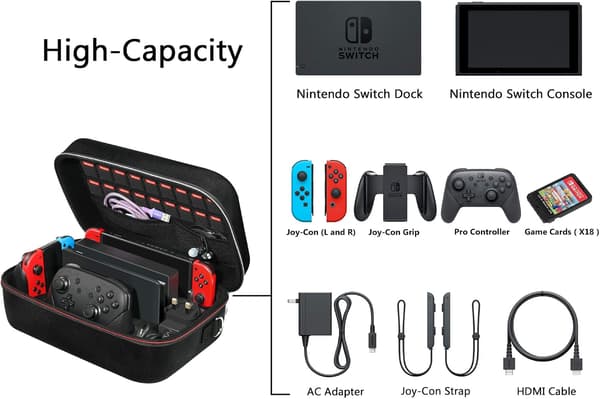 Deluxe Case Compatible with Nintendo Switch and Switch OLED, Protective Hard Case with Larger Storage for 18 Games and Other Switch Consoles