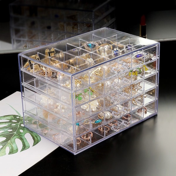 Smyckeskrin i akryl med 5 lådor, 120 fack Transparent förvaringslåda, Transparent displayställ för örhängen, halsband, R