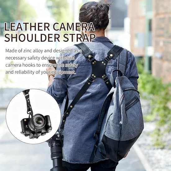 Camera Harness - Quick Release, Non-Slip, Double Shoulder Leather Camera Strap Harness with Metal Hooks for SLR/DSLR Cameras - Black [Ho]