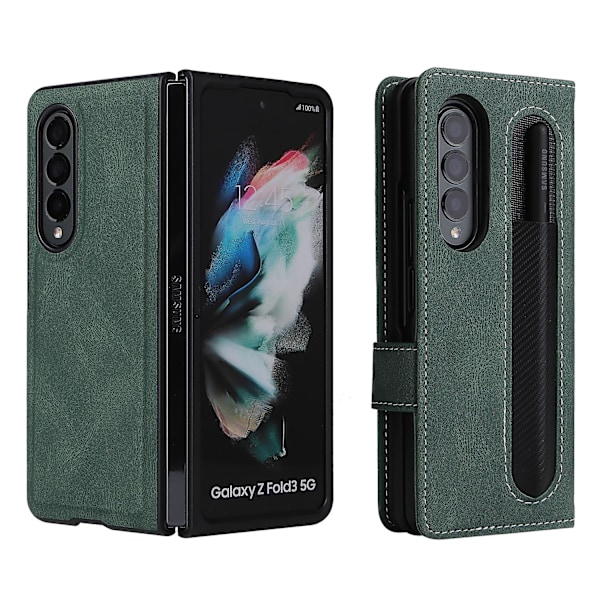 Fullständigt skyddsfodral i magnetiskt läder kompatibelt med Samsung Galaxy Z Fold 3 med kortplatsstativ. Green