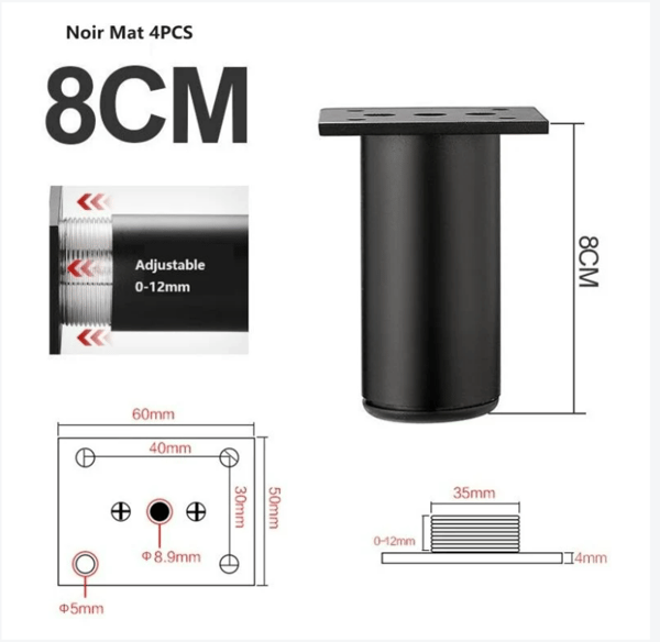 (Sort) 4 matte møbelben, 80 mm aluminium, TV-bordsben, s