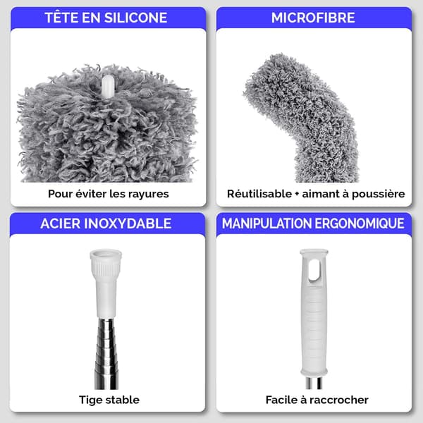 Telescopic Duster - Set of 2 Microfiber Tops - Long Extendable Stainless Steel Duster - Washable Duster for Cleaning Windows, Radiators,