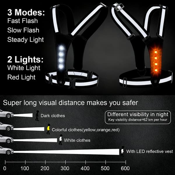 Reflective Running Vest with LED Lights, Rechargeable, Adjustable, Lightweight for Jogging, Cycling, Black