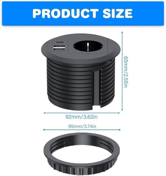 Built-in power outlet with USB C PD20W and 2 USB ports 1.7 meter power cable black desk socket suitable for an 80 mm table hole for easy charging
