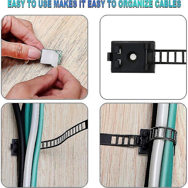 100 stk Kabelklips, Kabelbinder med Lim Kabelklips Justerbare Nylon Kabelbinder og Lim Kabelbinder for Wire Organizer TV, Lader, PC osv
