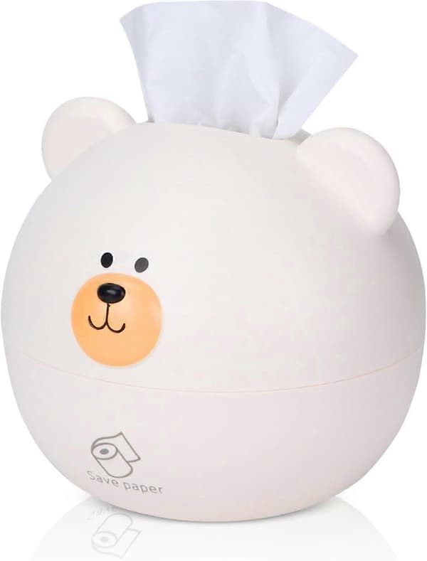 Tissue Box, Cartoon Bear Face Tissue Dispenser Holder Car Tissue Box Round Container (White)