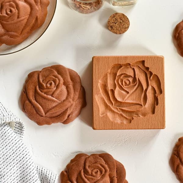 Utskåret Tre Pepperkakeform, 3D Tre Bakeform Kakeform Press Stempelformer, Kakeformsett med Provance Rose Kakestempel