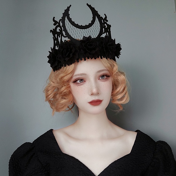 Musta Kuun Kruunu Pitsi Kukkakoriste Kalastusverkko Kukkakoriste Gothic Pääpanta Halloween Cosplay Masquerade Party