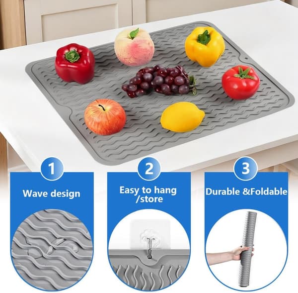 wxsp Silicone Drain Mat, Silicone Dish Drying Mat, for Kitchen Drain, Quick Drying, Heat Resistant, Non-Slip - Light Grey, 40 x 50