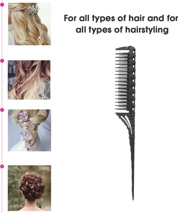 3-row teasing comb, detangling brush, rat tail comb, adds volume, backcombing, hairdressing combs
