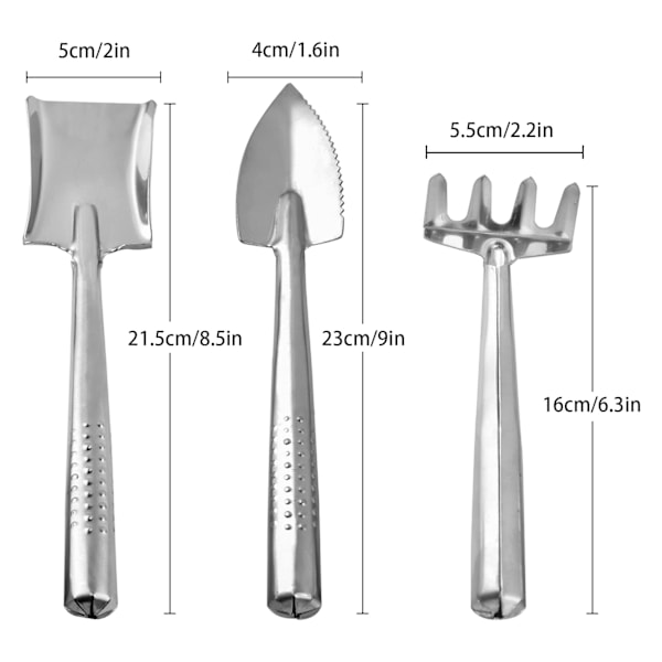 3-delad miniträdgårdsverktygssats i rostfritt stål, liten spade, kratta, spade, trädgårdssats, lätt handspatel, transplantation