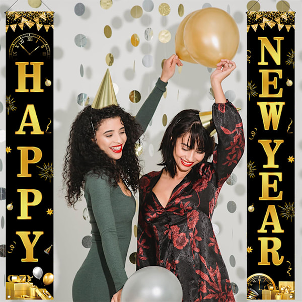 Happy New Year Dörrbanderoll Jubileums Veranda Skyltar Välkommen Hängande Banderoll för Bröllop Nyårsfest Dekorationer