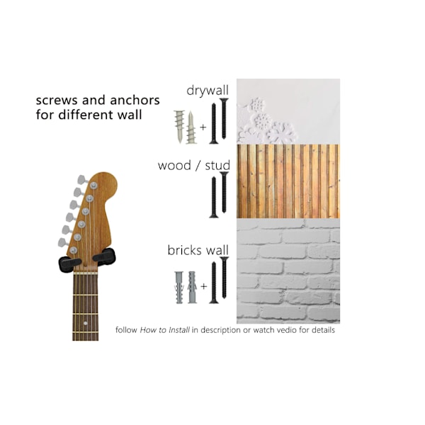 2-pack. Gitarrväggfäste med krok för elgitarr, akustisk gitarr, bas, ukulele
