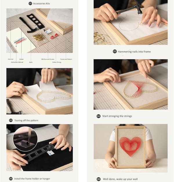 DIY String Art Sæt med Alt Tilbehør og Ramme til Børn, Studerende, Voksne og Begyndere