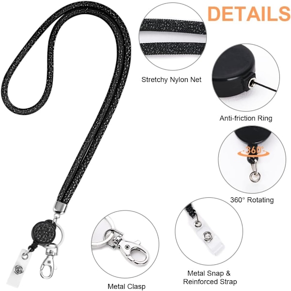 Korthållare med lanyard, kristall-lanyard med transparent ID-korthållare, lanyard och brickhållare set, nyckelringsbrickhållare och halsrem för nycklar Black