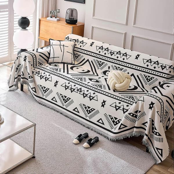 Vendbare sofabetræk Chenille Jacquard Geometrisk Boho Sofabetræk, Beige Sort Sofabetræk til Sektionssofa Chic Møbelbeskytter 180x