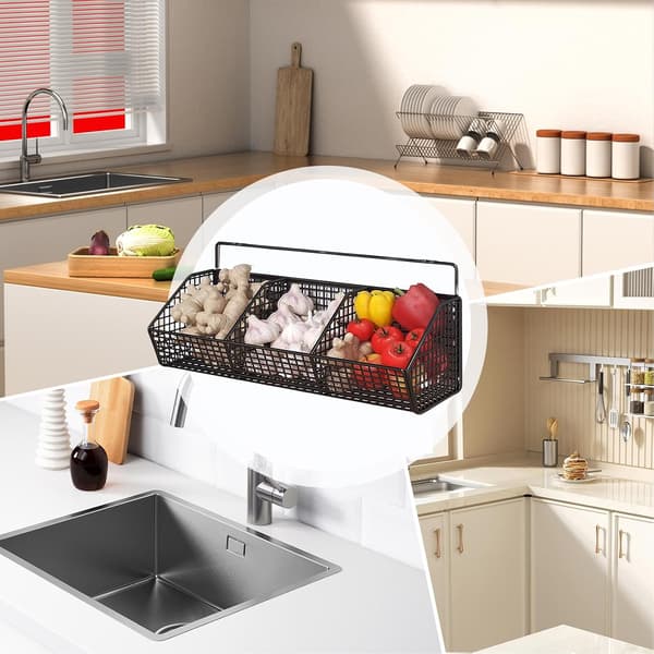 Wall-mounted storage shelf for kitchen, punch-free onion, ginger, garlic spice rack, iron wall drain basket
