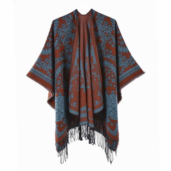Sjal med fransad fåll Pashmina Vinter Varm Etnisk Stil Poncho Öppen Front Cape för Dam