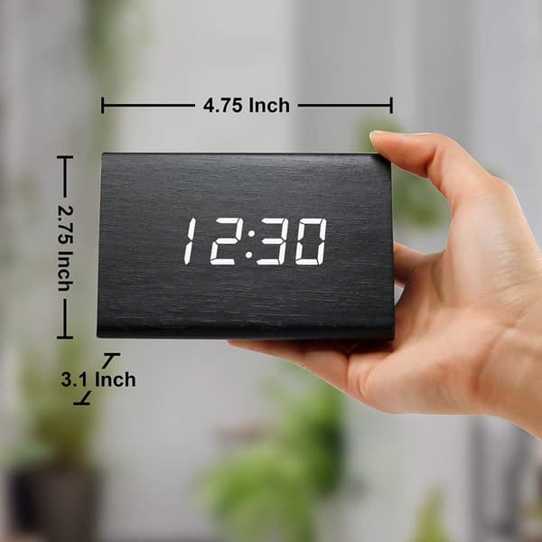 LED Digital Väckarklocka - Tid Datum Temperatur Display - Trä Svart Klocka med Vitt Ljus