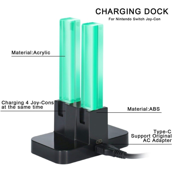 4-i-1 LED-laddningsstation för Joy-Con-kontroller med ljuspelare och laddningsindikatorer