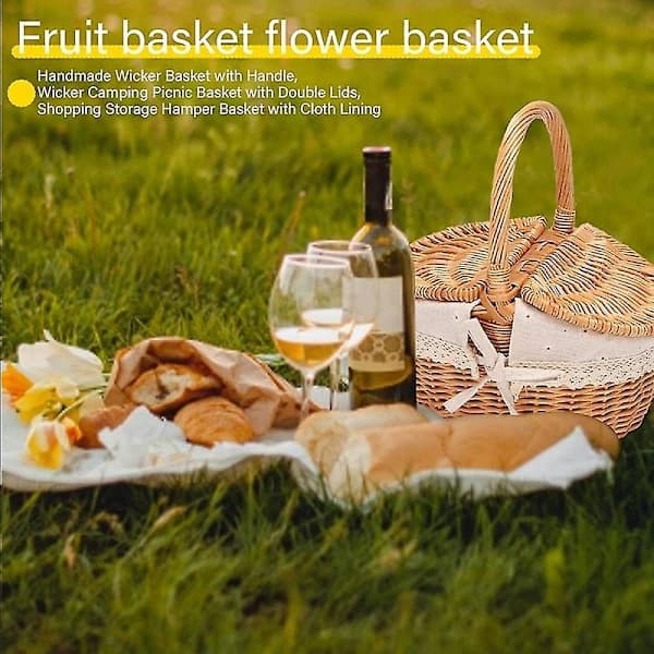 Handmade Wicker Basket with Handle, Wicker Camping Picnic Basket with Double Lids, Storage for Shopping
