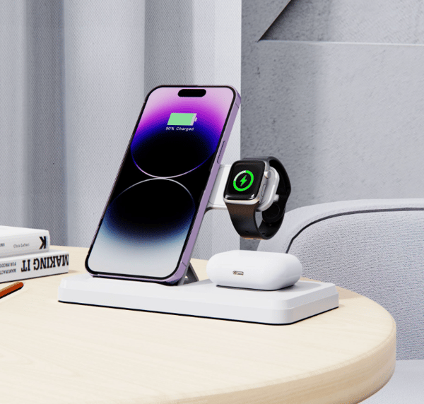 White Induction Charger 3-in-1, 15W Wireless Charger with Foldable