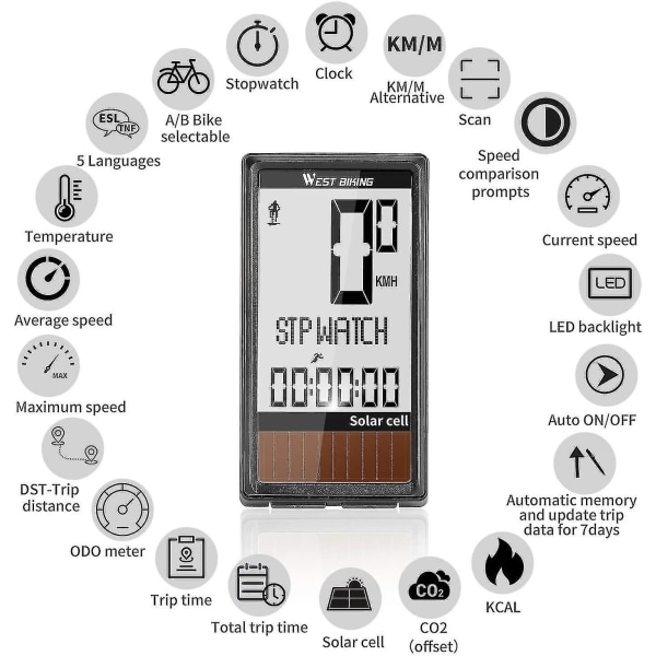 Sykkelcomputer Trådløs IPX7 Vanntett Sykkelhastighetsmåler Multifunksjonell Odomometer Med Solcellepanel