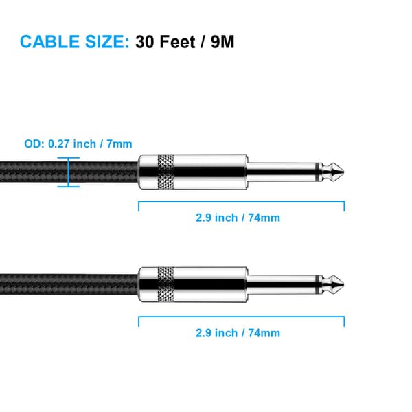 Guitar Kabel 10m Elektrisk Instrument Kabel Basforstærker Kabel 1/4 Lige til Lige til Elguitar, Basguitar, Elektrisk Mandolin, Pro