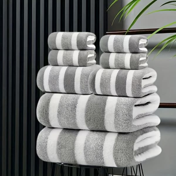 8-piece set: Two-tone striped bath towel - lint-free, highly absorbent and ultra-soft - grey