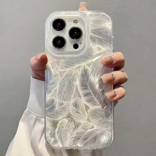 For iPhone 13 Pro Deksel Sølv Fjærmønster Laserbehandlet Støtsikkert PC Telefondeksel
