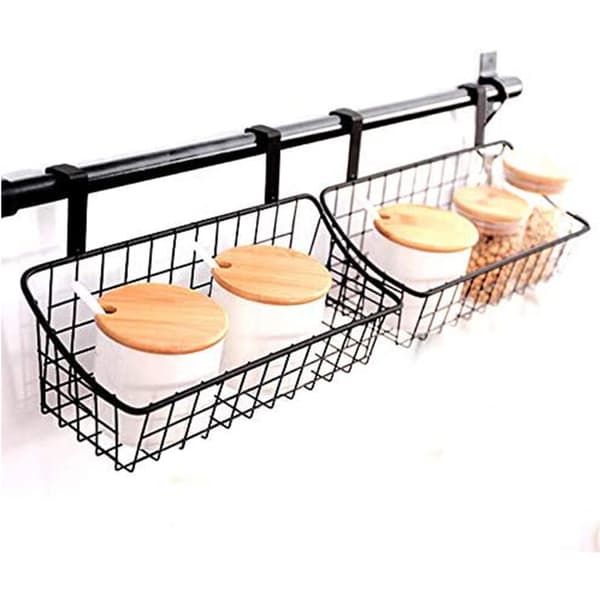 Basket with Hooks Grid Storage Basket, Hang Behind a Door or on a Rail, Over the Cabinet Door, Black