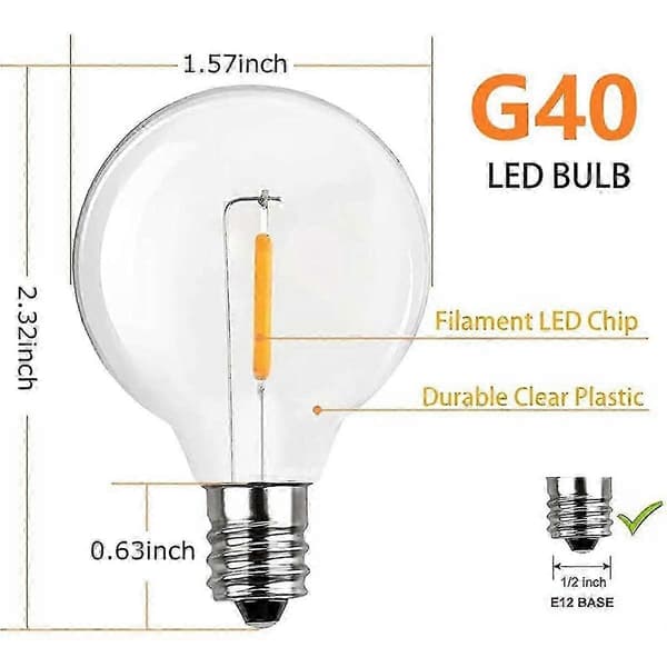 G40 LED Ersättningslampor, E12 Skruvsockel Splittringsfria Globlampor för Utomhus Ljusslingor, Varmvit, 30-pack