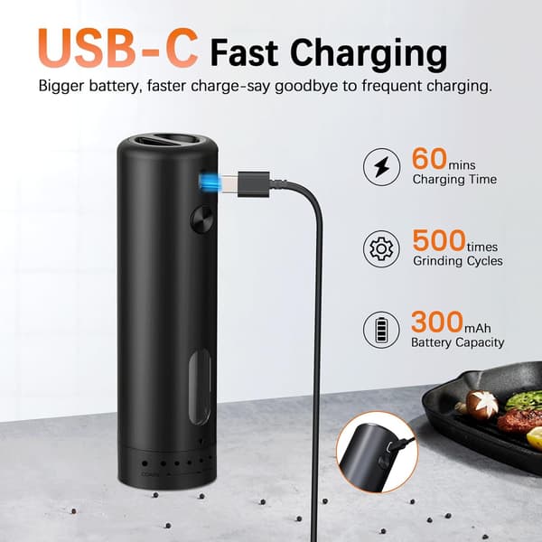 Electric Pepper Grinder, USB-C Rechargeable, Automatic Pepper Mill with 110ml Container [LED Light], External Adjustable Coarseness, One-Hand Operation