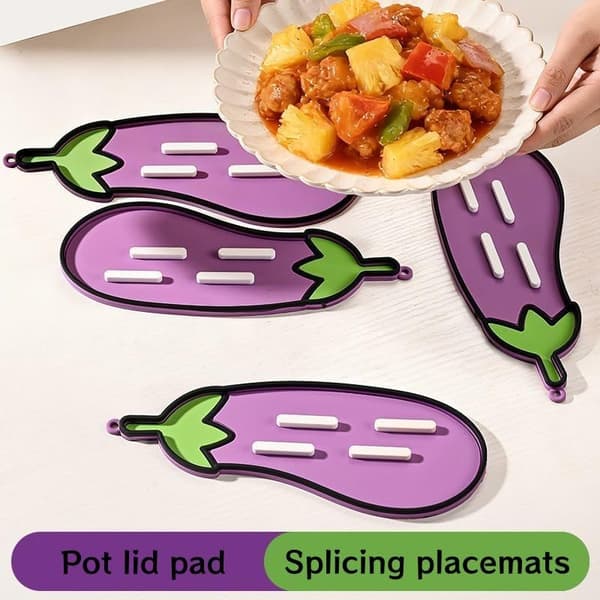 3-pack Eggplant Silicone Pot Lid Holder & Mini Drying Mat - Non-Slip Heat-Resistant Kitchen Counter Organizer