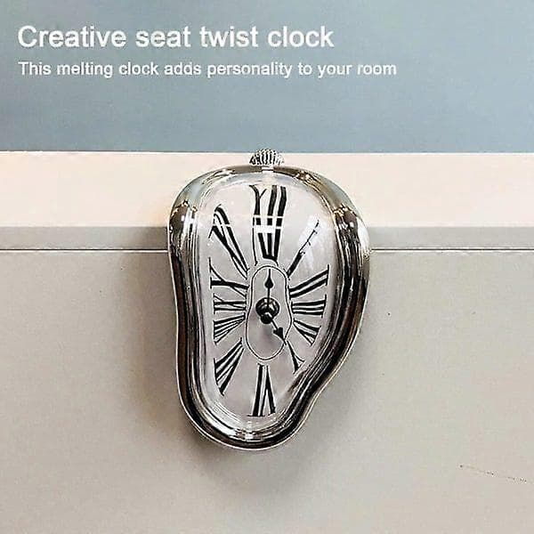 Novelty Melting Clock, Creative Modern Wall Clock, Retro Twisted Melting Time Clock for Home Kitchen Office Desk Decoration (Silver)