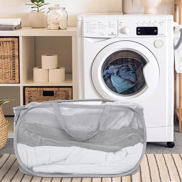 Mesh Pop Up Laundry Hamper with Practical Pocket, Foldable Clothes Basket with Reinforced Carry Handles for Bathroom.