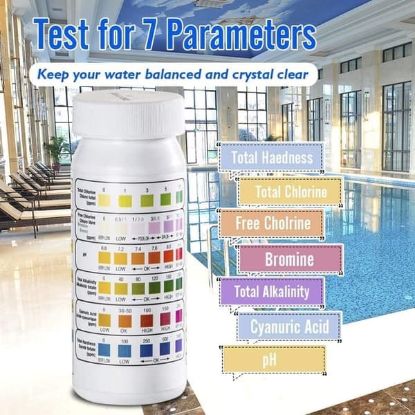6-i-1 teststrimler til pool og spa, vandtester 50-pak - pH, klor, alkalinitet, cyanursyre, hårdhed