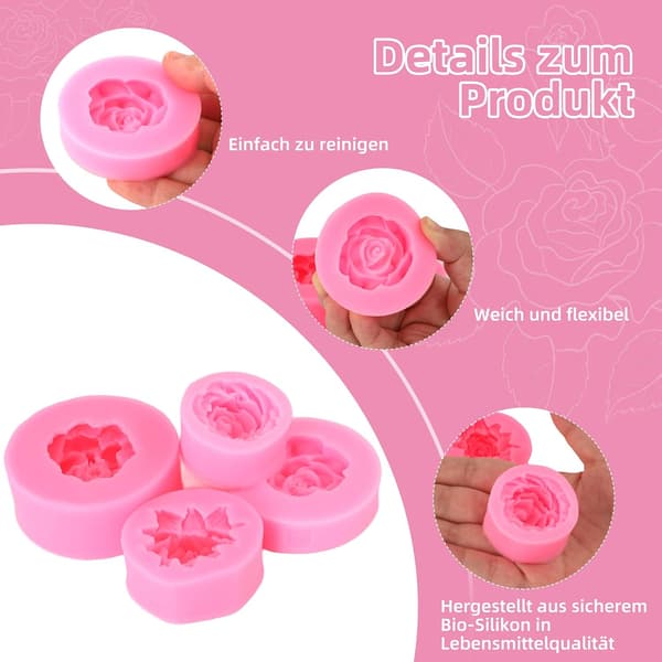 Silikoneform blomst, 4 stykker 3D silikoneforme, rose, blomster, lys, forme, silikone til chokolade, slik, kagedekoration, fremstilling af polymer ler,