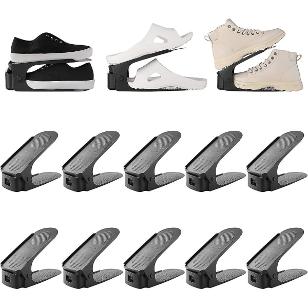 10-pack Skostackare, 6,5 cm/10 cm/15 cm Skoställ, PP-material Skoforvarare, Justerbar platsbesparande, Dubbelskikts skostack, Halksäker (svart, 10)