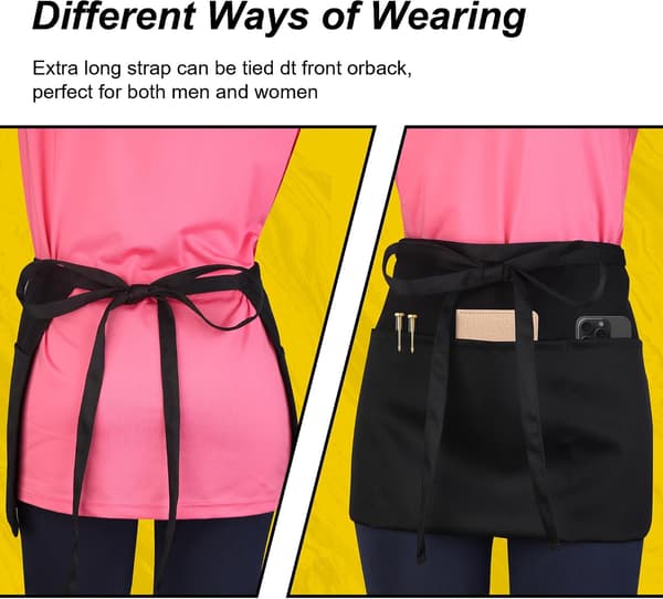 Server Waitress Waist Apron - Half Apron with 3 Pockets, Black Short Aprons for Waiters, Waitresses