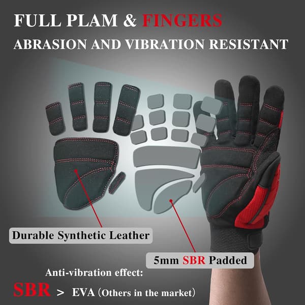 wxsp Antivibrationshandskar, SBR-vaddering, TPR-skydd, mekanikerhandskar (Large, Svart) Röd (1-pack) Medium