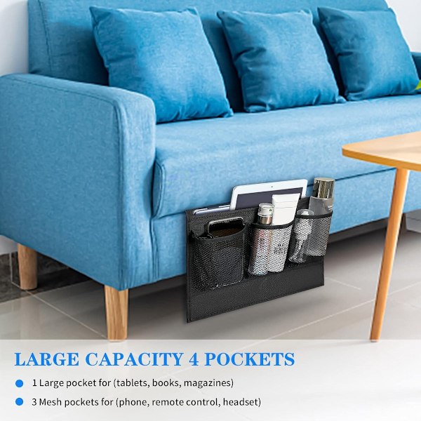 Hanging Bedside Organizer, 4 Pockets, for Remote Control, Phone, and Glasses