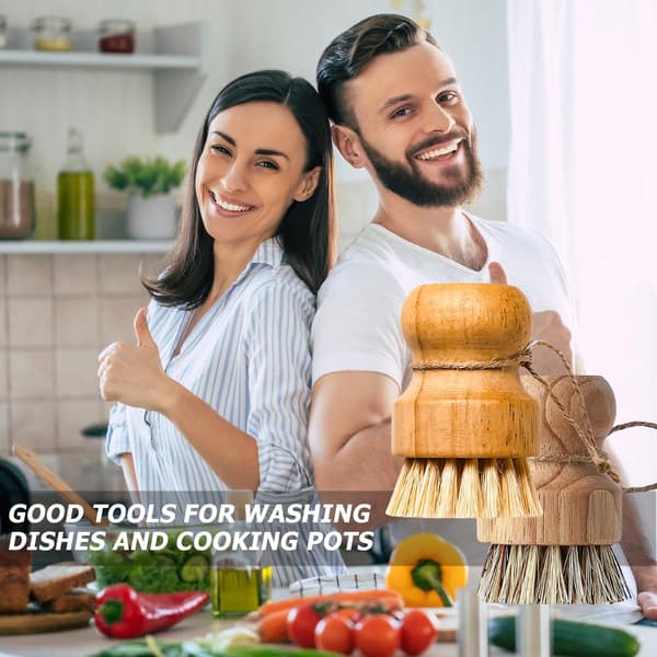 2 Mushroom and Vegetable Brushes - Wood with String and Natural Bristles - for Kitchen and Bathroom