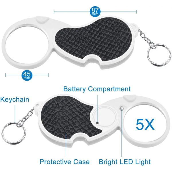 Upplyst handhållen fickförstoringsglas, minivikt belyst förstoringsglas för läsning, inspektion, lågseende, uppfällbar lins med cover (3 P