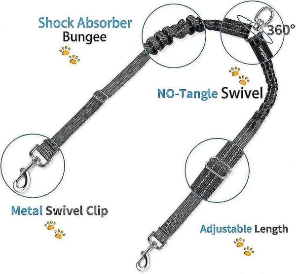 Double Leash, Adjustable and 360° Rotatable, Dog Leash for 2 Dogs, Reflective Elastic Leash, For Small, Medium and Large Dogs