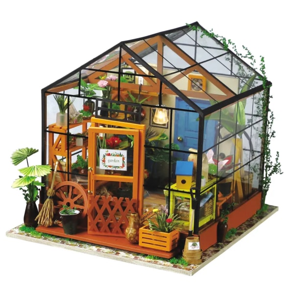 Gjør-det-selv dukkehus Miniatyrmøbelsett av tre Minigrønt hus med LED Beste bursdagsgaver