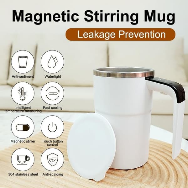 White Magnetic Self-Stirring Coffee Mug, Refillable with Sliding Lid, Automatic Magnetic Mixing Mug, Electric Magnetic Mixing