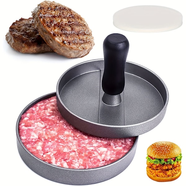 Hamburgerpress Patty Maker   Aluminium Non-Stick Burgerpress med vaxpapper, plasthandskar och stekspade, 4,5 tum i diameter