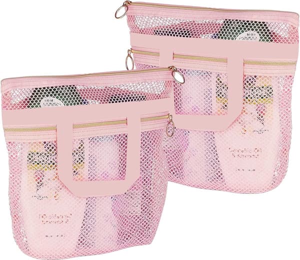Mesh Quick Dry Dusjveske, Rosa, 25x26cm med Glidelås, for Studenthjem, Leir & Treningsstudio
